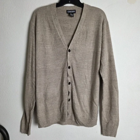 Vtg Jantzen Men's Beige V-Neck Button Front Knit Acrylic Cardigan Sweater M