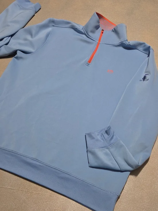 Southern Tide Men's Light Blue Quarter-Zip Sweater with Coral Accent