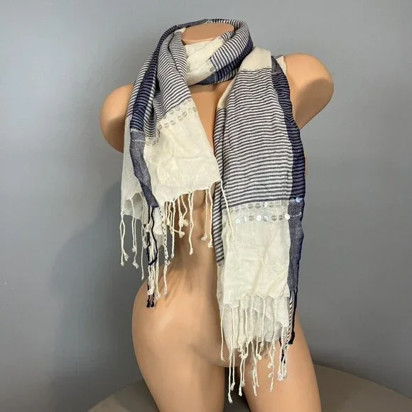 Chico's Nautical Stripe Straight Oblong Scarf Blue Natural Stripe NWT