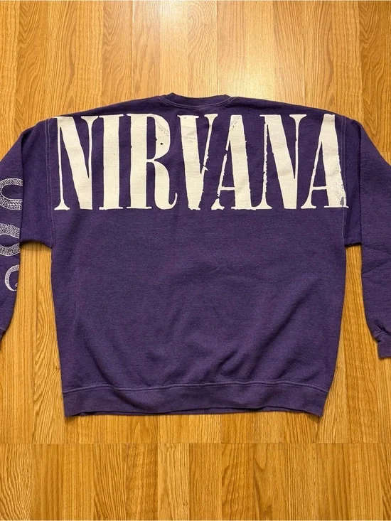 Vintage NIRVANA Oversized Purple Crewneck with Large White Logo & Smiley Faces