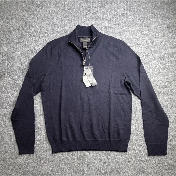 Bloomingdales Mens Store 1/4 Zip Sweater Medium Blue Merino 100% Wool New Tags