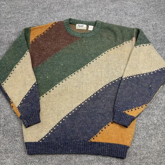 Vtg 90s Impact Striped Knit Crewneck Sweater Mens Medium Colorblock Grandpacore