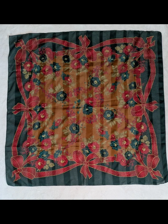 Berkshire Floral Bow Border Silk Scarf in Teal, Rust, Red