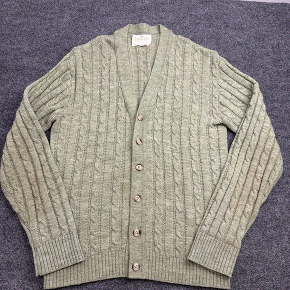 Vtg Jantzen Cardigan Sweater Men's Large Cable Knit Green Grandpa Shetland Wool