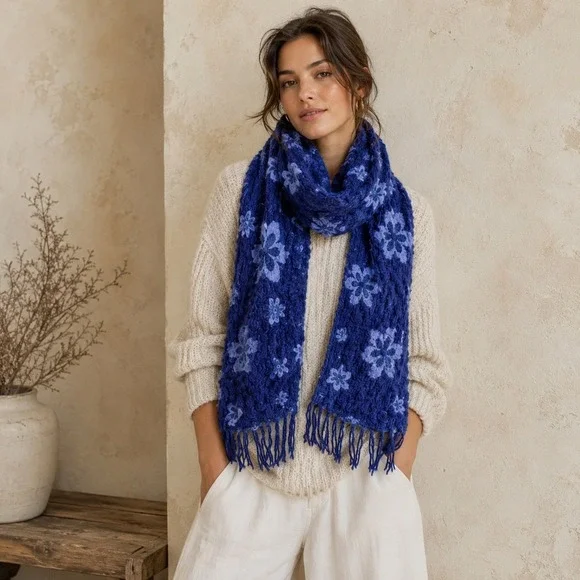 Boho Cottagecore‎ Floral Popcorn Knit Scarf Blue Y2K Fringe Cozy