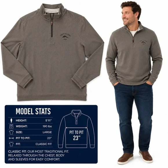 Tommy Bahama Relax Mens Large Taupe Brown 100% Cotton Quarter Zip Pullover