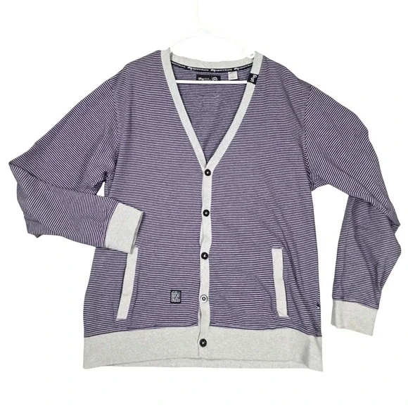 LRG‎ Lifted Research Group Striped V-Neck Cardigan 2XL Purple Gray 100% Cotton