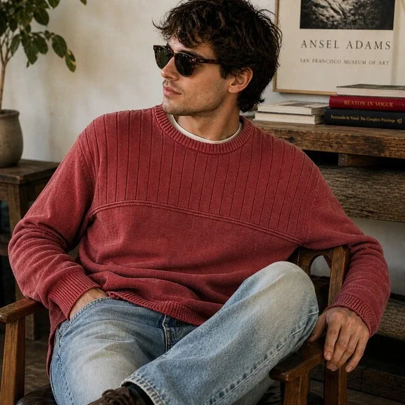 Vintage Sun River Clothing Co Mens Red Cotton Ribbed Knit Crewneck Sweater Large