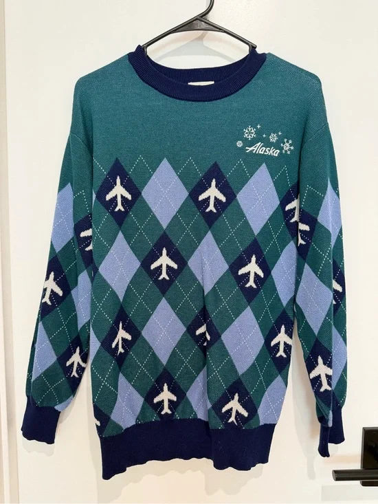 Alaska Airlines Argyle Airplane Crewneck Sweater