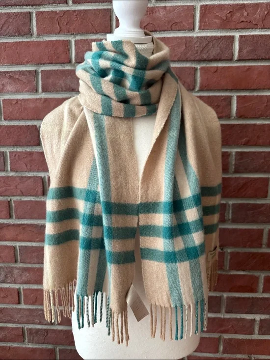 Burberry Beige & Green Check Cashmere Fringe Scarf 12”x70” Made in Scotland