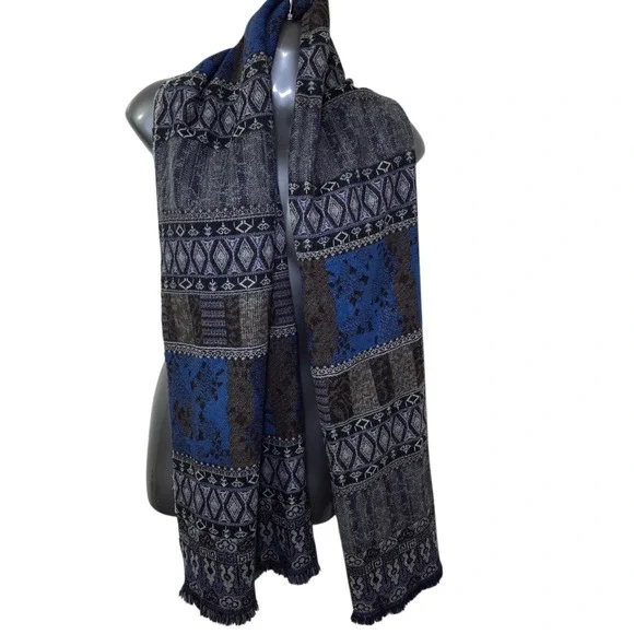 Blue Black Tribal Jacquard Woven Scarf Fringe Boho Southwestern Shawl 24