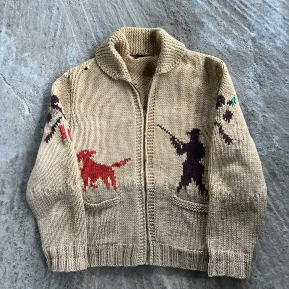 Vtg Pheasant Hunter & Bird Dog Cowichan Sweater Jacket Zip Thrashed Shooting XL