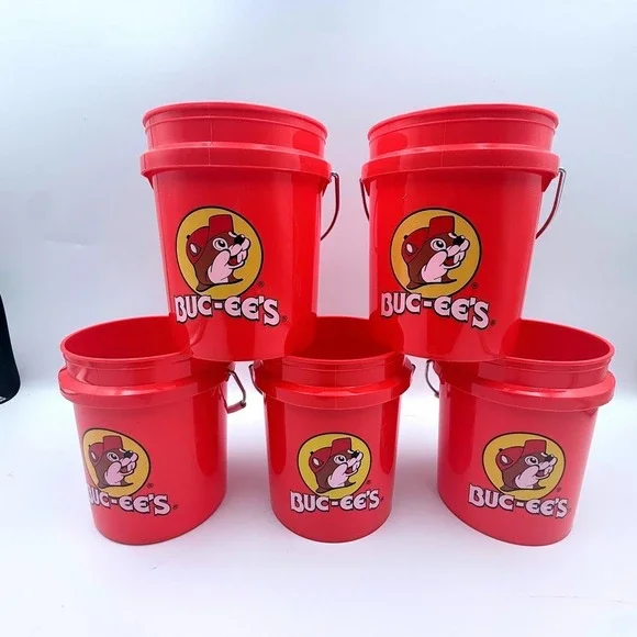 Buc-ee's Bucket Set of 5 Red Plastic Beaver Logo 4 Inch Tall