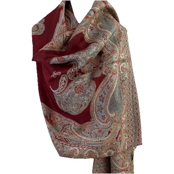 Women's Metallic Scarf Wrap Shawl 78x27 Red Paisley Fringe Boho Luxury NWOT
