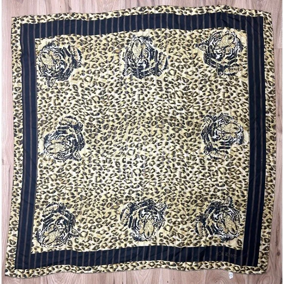 Flori‎ Roberts Scarf Womens Gold Leopard Tiger Animal Print Square Career Chic