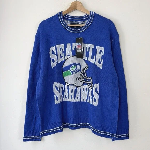 NWT Abercrombie Fitch Seattle Seahawks Blue Knit Sweater Sweatshirt - Medium