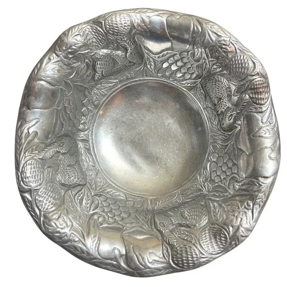Vintage Embossed Metal Bowl Rabbit Squirrel Fruit Woodland Centerpiece Silver