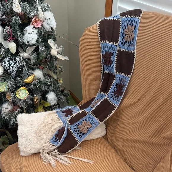 Crochet Patchwork Scarf in Blue and Brown