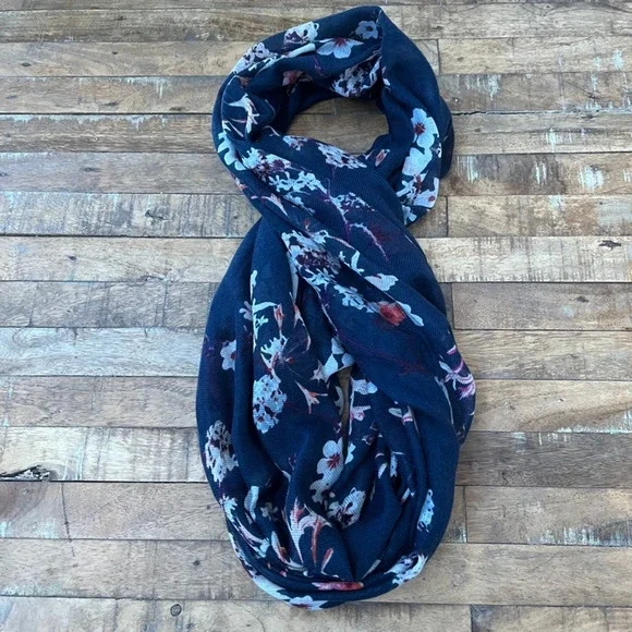 H&M Infinity Tube Scarf Dark Blue Floral Pink and White Blossoms