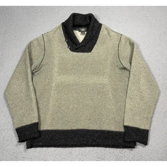 RRL Ralph Lauren Sweater Mens XL Gray Heavyweight Shawl Button Mock Neck Knit