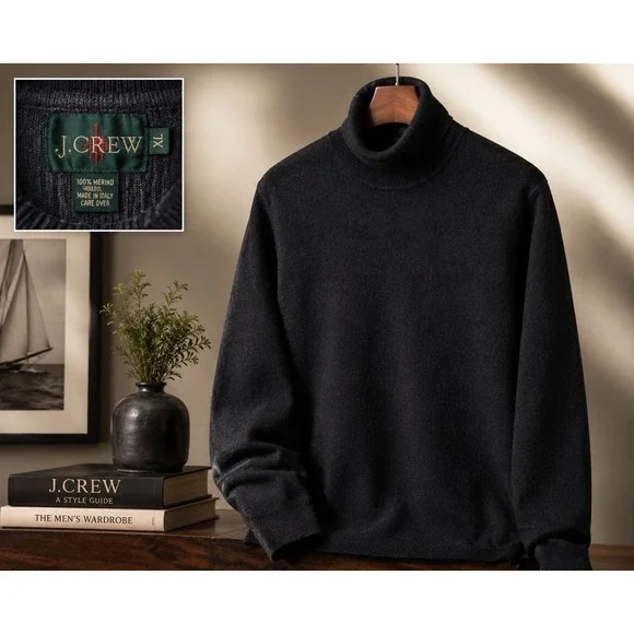 Vintage J.Crew Oarsman Turtleneck Sweater XL Merino Wool Fisherman Black Italy