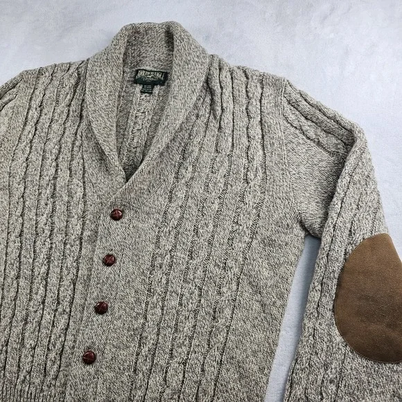 Vtg American Eagle Shawl Collar Cardigan Sweater Men M Chunky Cable Knit Oatmeal