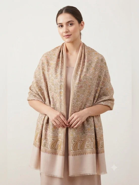Cream Pure Pashmina Shawl Wrap Scarf | Fully Embroidered Floral Design | Luxury