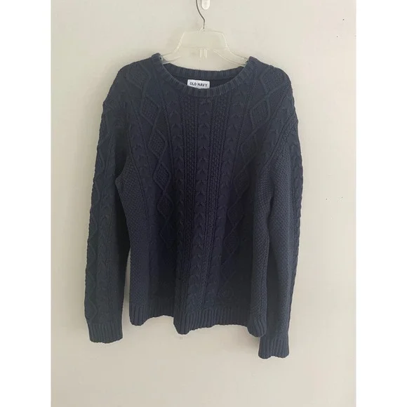 Old Navy Mens Navy Blue Cable Knit Crewneck Sweater Medium Heavyweight Textured