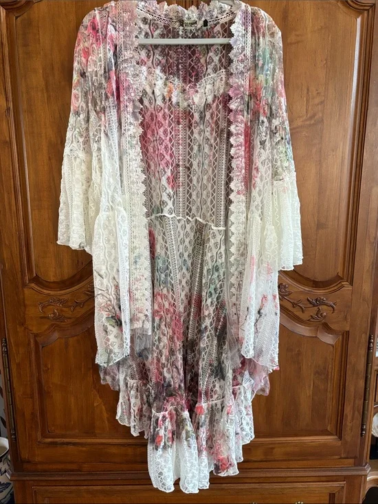 Origami Sheer Floral Lace Duster White with Pink & Green Accents