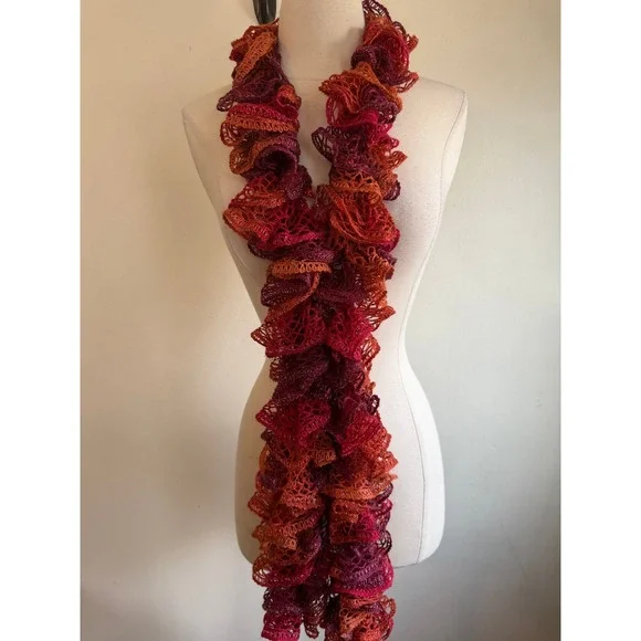 Handmade Crochet Ruffle Scarf Sunset Red Orange Metallic Shimmer Whimsigoth Boho