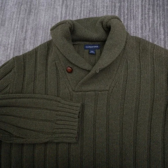 Lands End Mens XXL Olive Green Merino Wool Blend Ribbed Shawl Collar Sweater