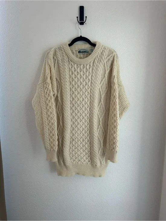 Irish Aran Crafts 100% Wool Cream Cable Knit Pullover