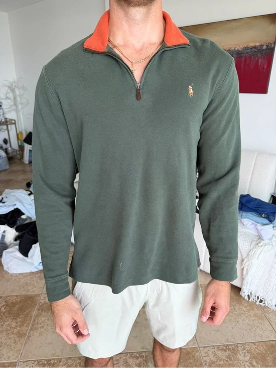 Ralph Lauren Olive Green Quarter-Zip with Orange Collar