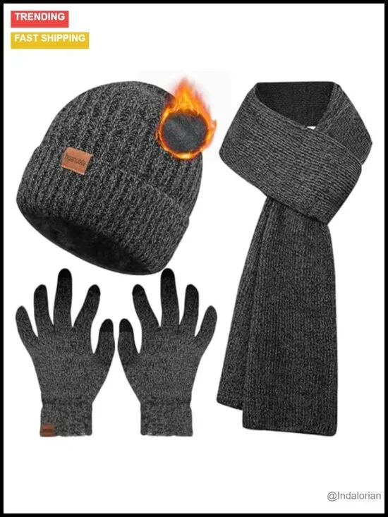 3-Piece Winter Beanie Hat Scarf Touchscreen Gloves Set, Knitted Fleece Lined