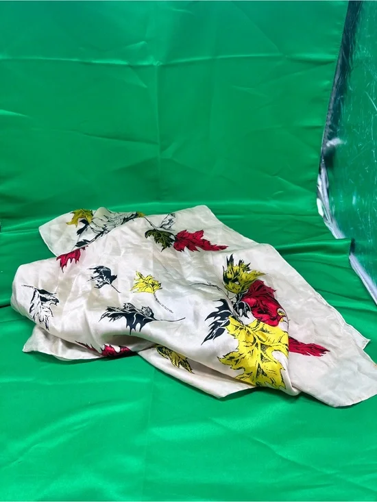 Cream Leaf-Print Scarf with Red, Yellow & Black Accents