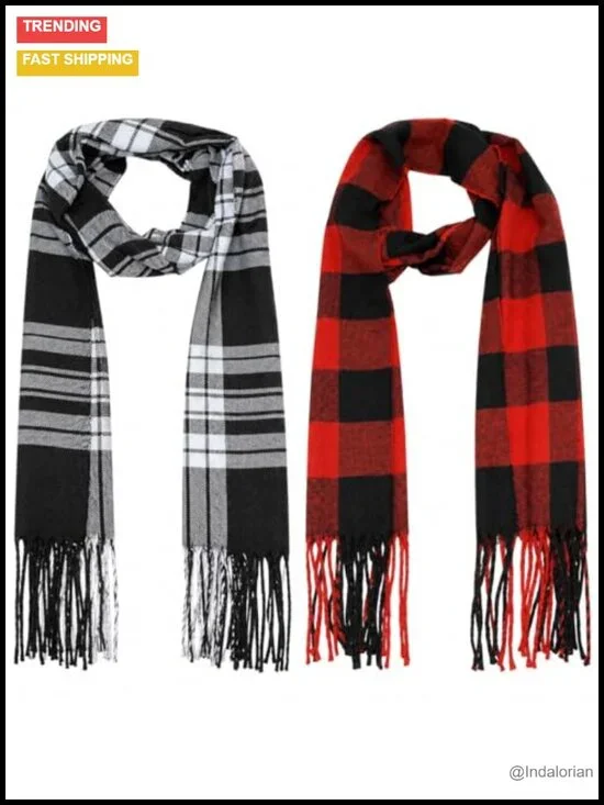 Set of 2 Long Fashion Scarves – Soft Cozy Plaid Winter Scarves 76x12.5 in