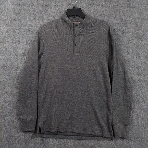 Relwen Sweater Mens Medium Gray Cotton Waffle Knit Henley Mock Neck Pullover