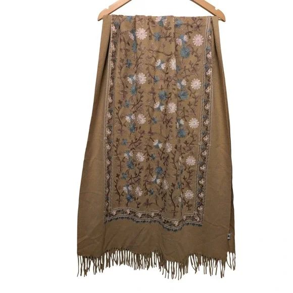 Jessica‎ McClintock Floral Embroidered Fringe Wrap Shawl Scarf Boho Cottagecore