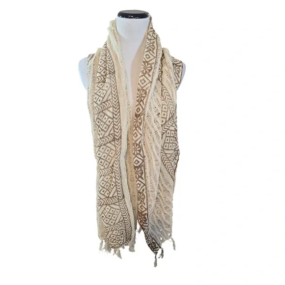 Nikky Women's‎ Cream Brown Geometric Print Open Weave Cotton Scarf Wrap New