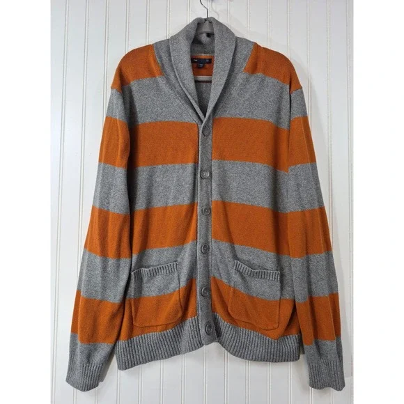 Gap Mens Shawl Collar Rugby Stripe Cardigan Sweater Orange Grey XL Preppy Cozy