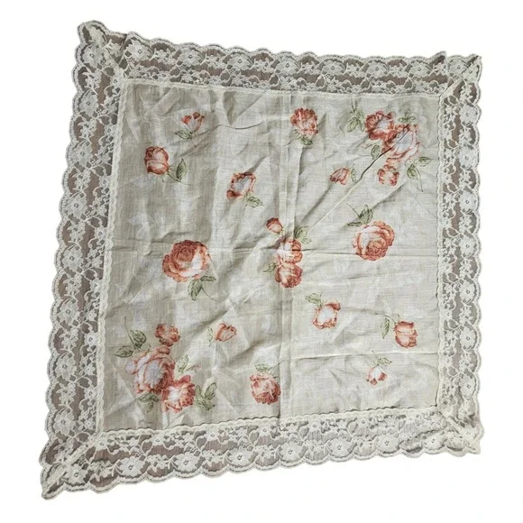 Vintage Pierre Balmain Floral Rose Handkerchief Lace Trim Scarf Quiet Luxury