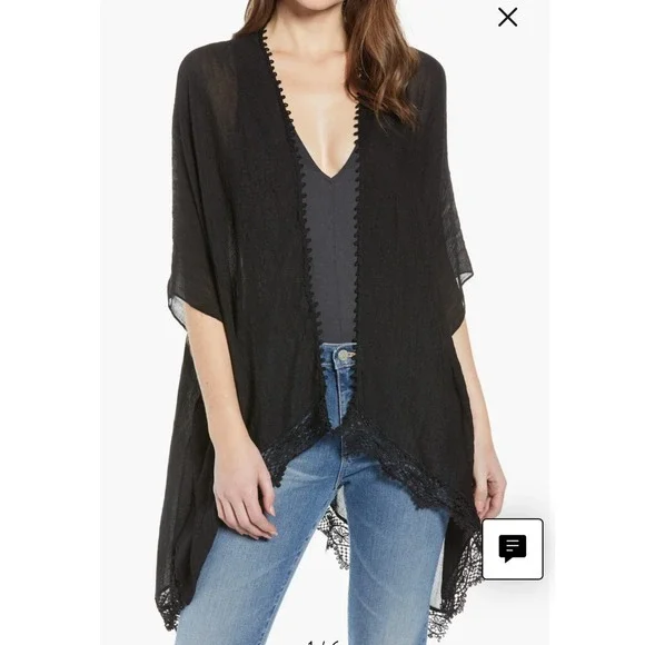 Treasure Bond Black‎ Lace Trim Sheer Kimono Cardigan One Size