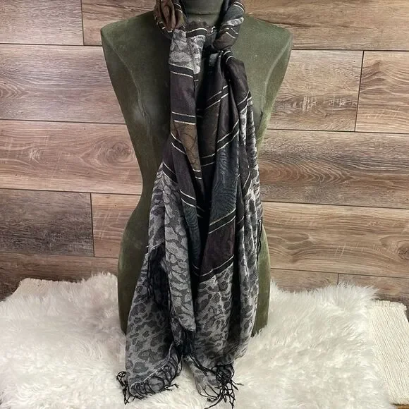 ACCESSORY STREET Ladies Scarf Wrap Black Brown Silver Threading Fringe Large