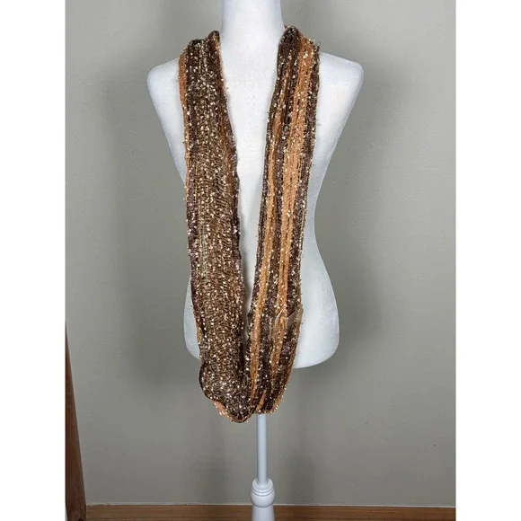 Womens Metallic Gold Copper Brown Multi Strand Knit Infinity Scarf Loop Rayon