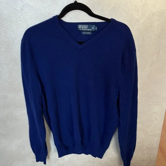Polo by Ralph Lauren Men's Deep Blue V-Neck Sweater 100% cashmere size XL