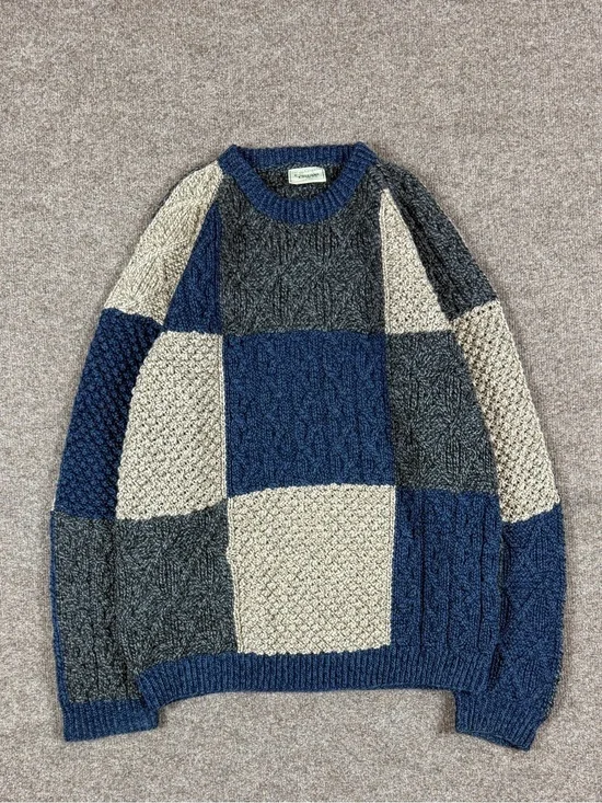 Vintage 90s Hand Knit Merino Wool Colorblock Cableknit Crewneck Sweater Men’s XL