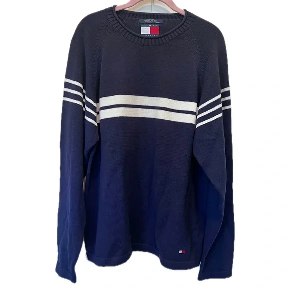 Vintage Tommy Hilfiger Men's Sweater in Navy with White Stripes Cotton Sz Large