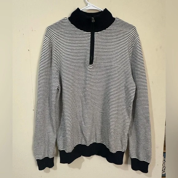 Brooks Brothers Large Blue Stripped Wool Half Zip Pullover Sweater Preppy