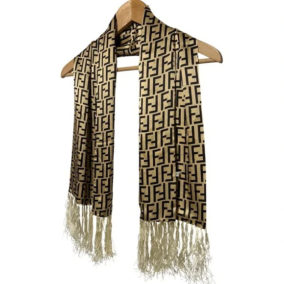 Fendi Zucca Print FF‎ Monogram Silk Scarf Gold Fringe Trim 44