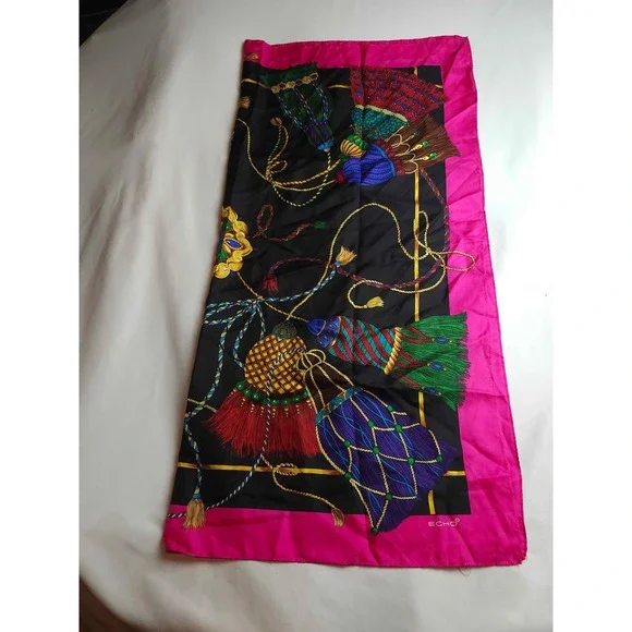 Echo Silk Scarf Vintage Tassel Rope Print Black Pink Square